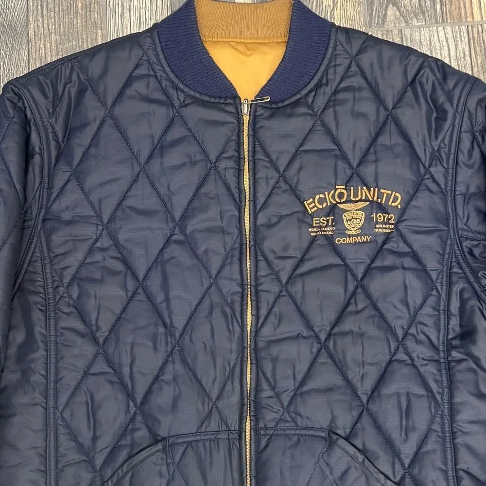 🔥🔥 Vintage‎ Y2K ECKO UNLTD. Quilted Puffer Bomber Jacket - Navy Blue/Gold - Sz